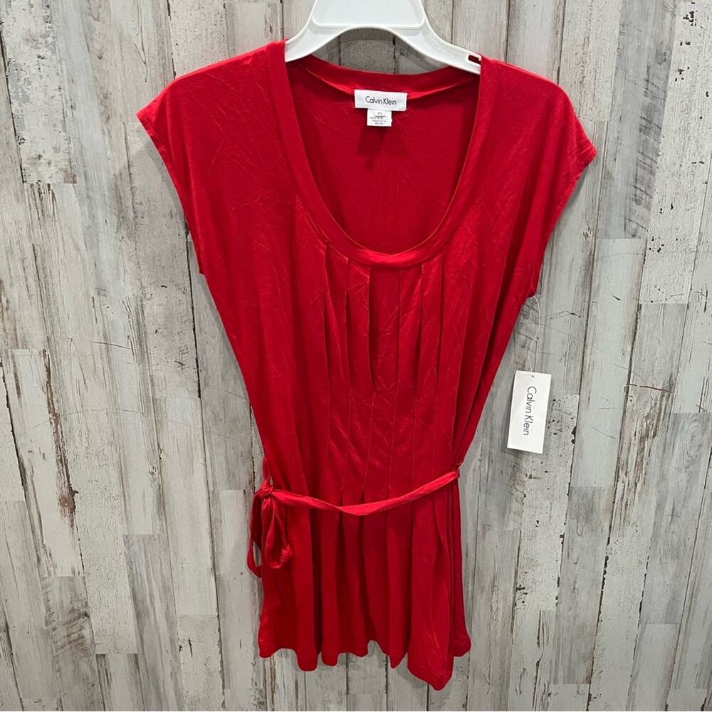 NWT Calvin Klein Red Pleated Tunic Tie Short Sleeve Top Scoop Neck